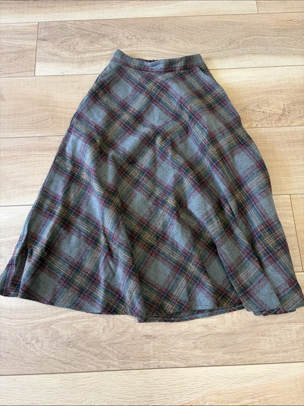 Boss Plaid A-Line Midi Skirt in Gray with Green and Burgundy Stripes